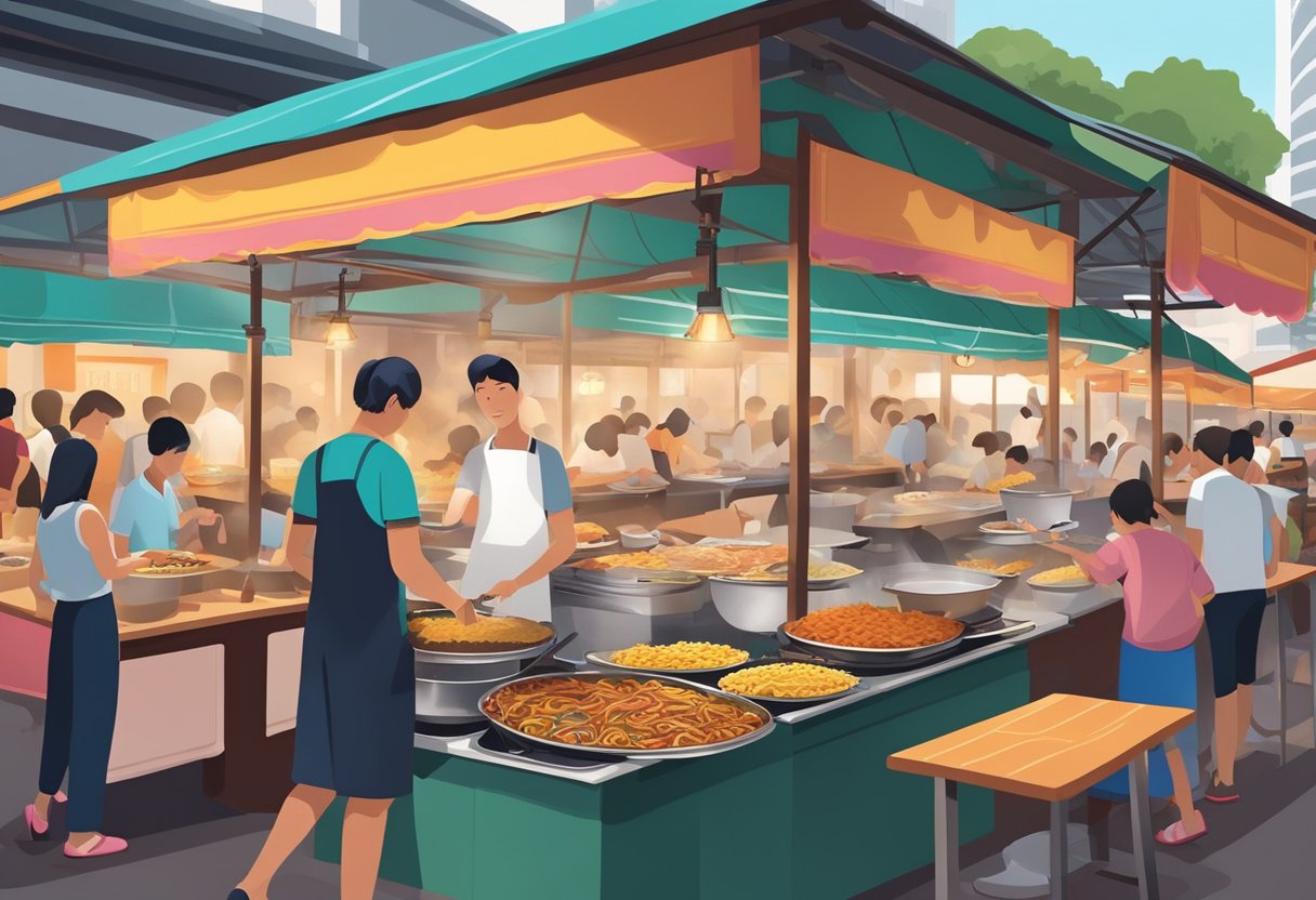 A bustling hawker center in Singapore, with colorful food stalls and steaming plates of local delicacies. The air is filled with the aroma of sizzling woks and the chatter of diners