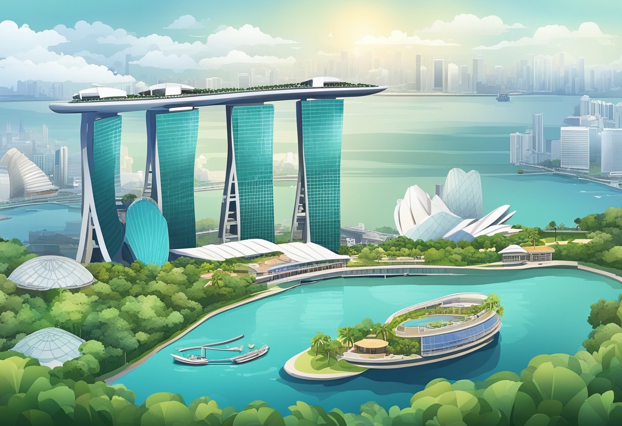 A bustling cityscape with the iconic Marina Bay Sands, Gardens by the Bay, and the Singapore Flyer towering over the skyline