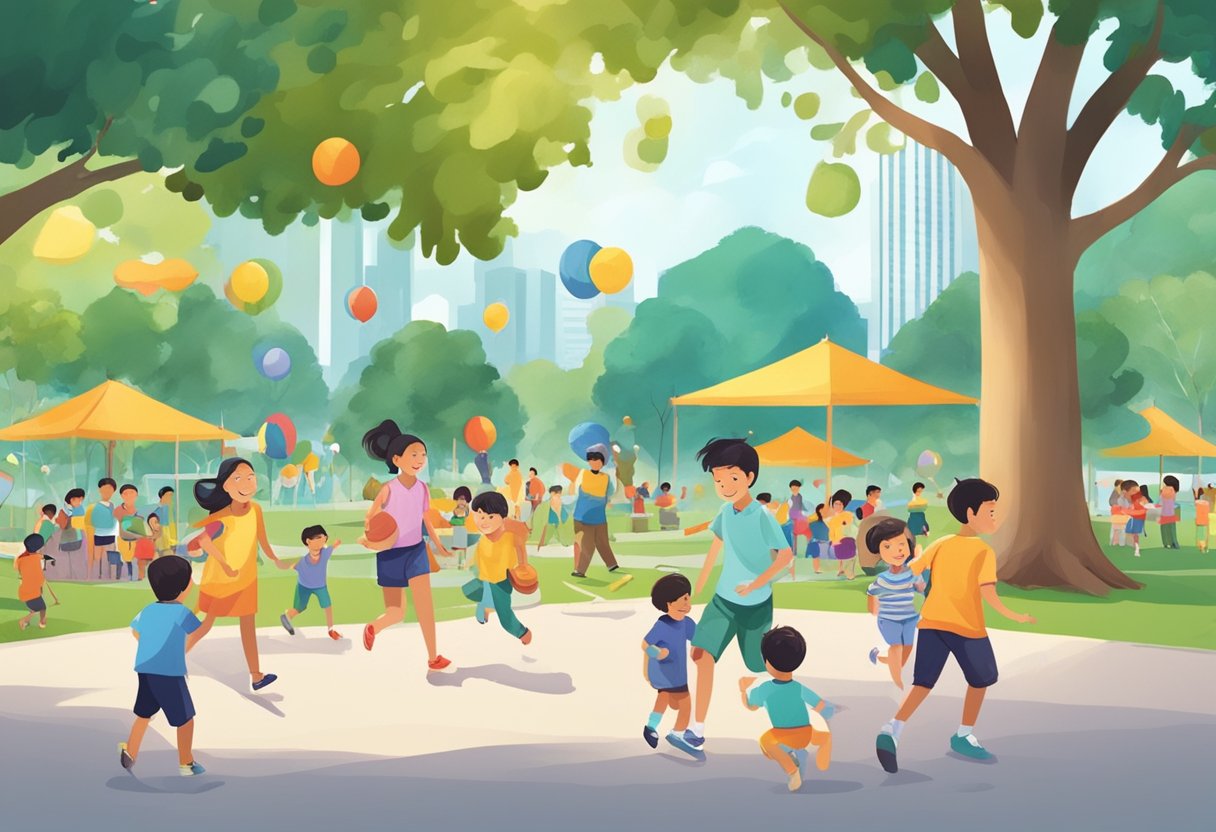 Children playing in a park with parents and community members actively engaged in various activities, such as games, crafts, and performances, to celebrate Singapore Children's Day