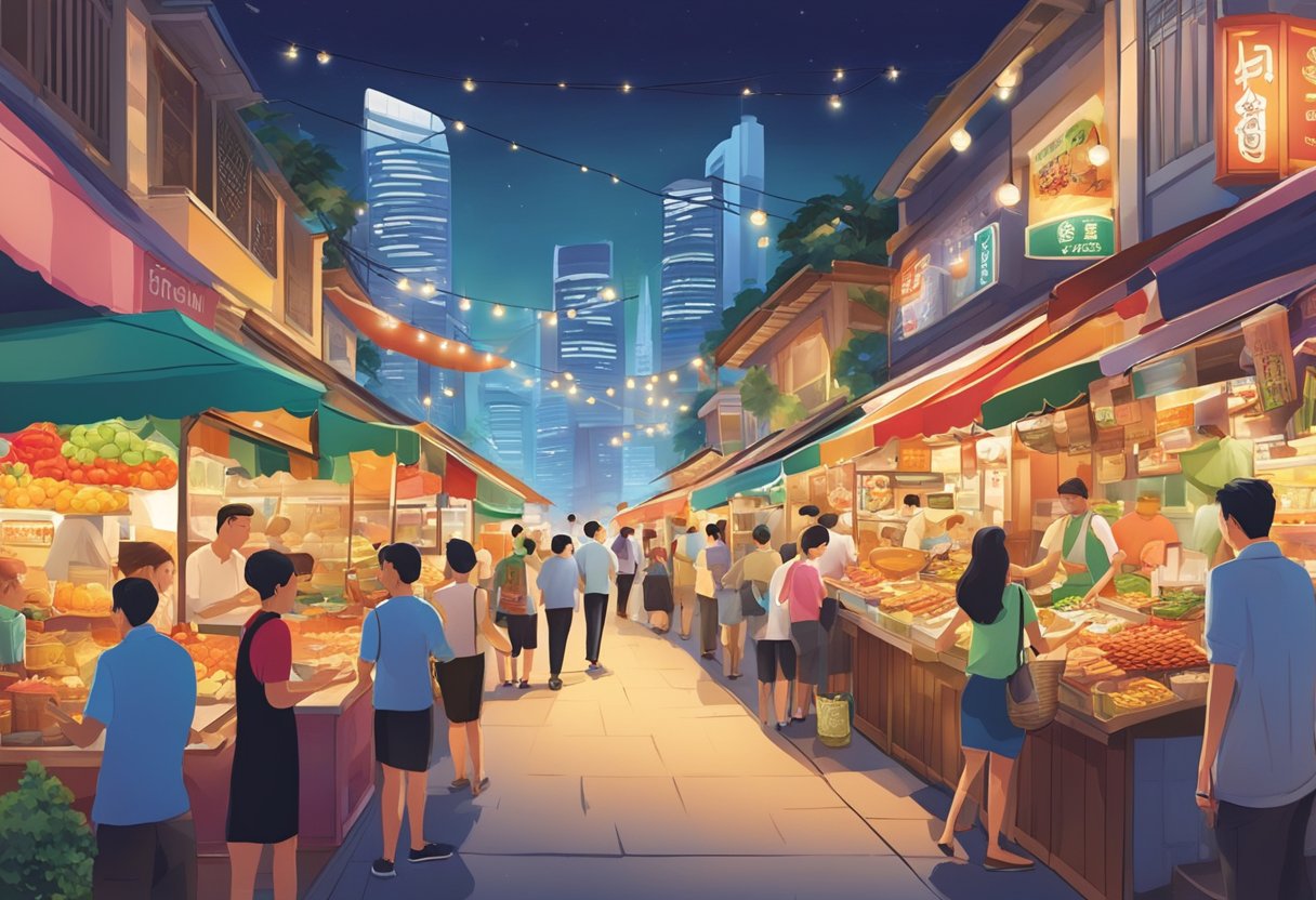 A bustling street lined with colorful food stalls, emitting tantalizing aromas of various cuisines. Brightly lit signs advertise the diverse culinary delights of Singapore