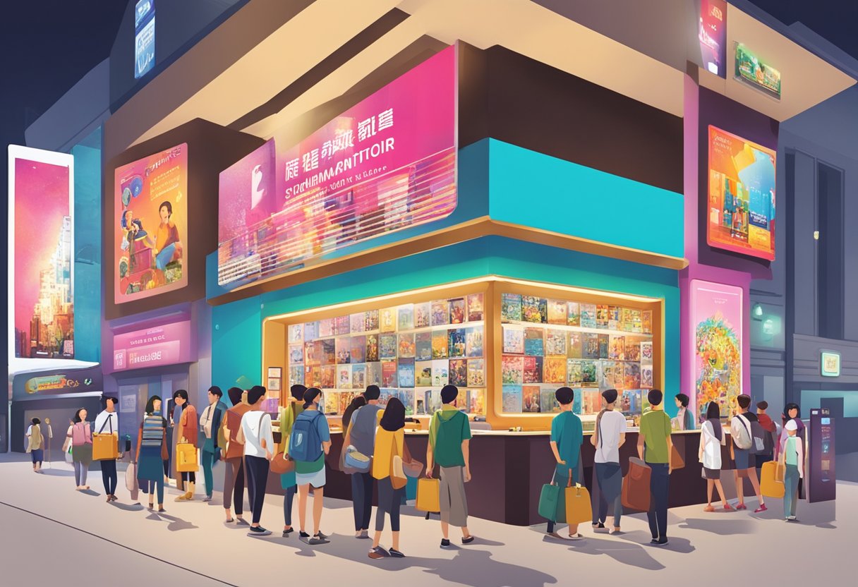 The vibrant Visitor Information booth at Shaw Cinema, Singapore, is surrounded by a bustling crowd and colorful movie posters