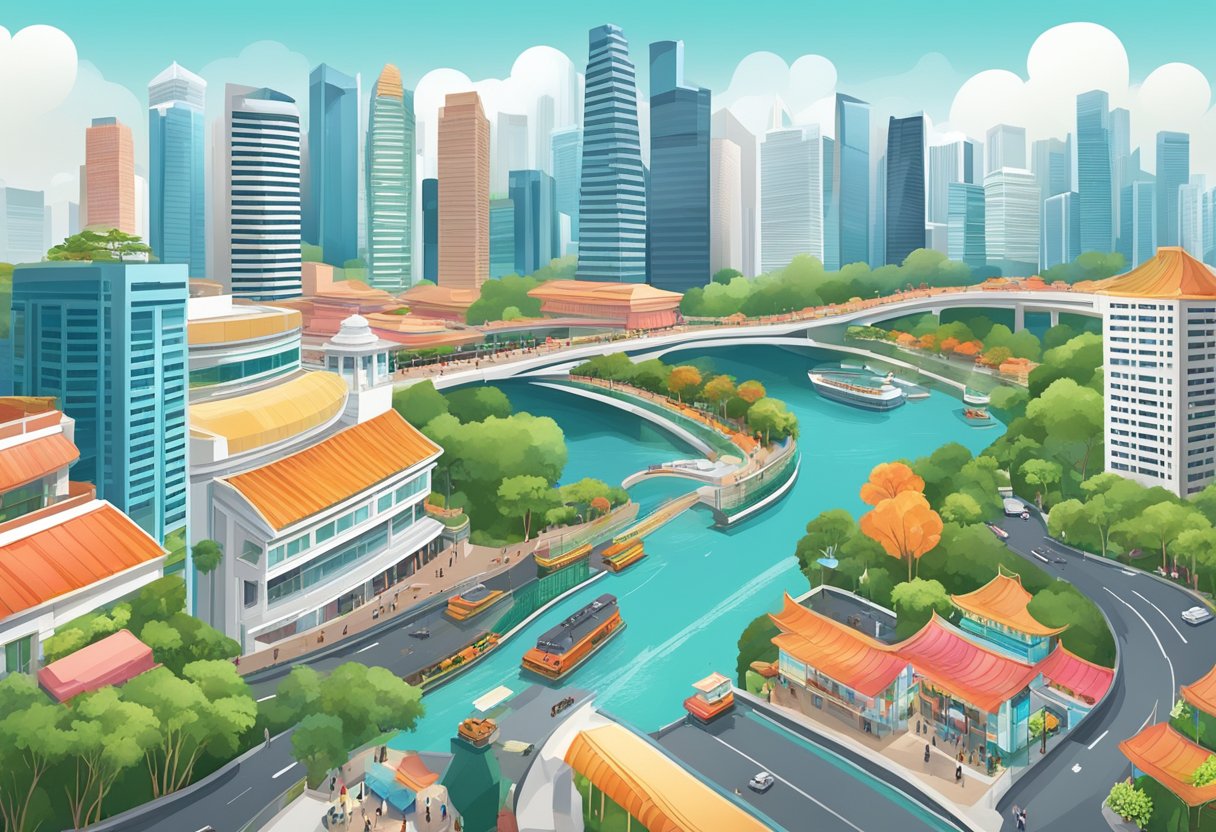 The bustling streets of Singapore, with iconic landmarks like the Marina Bay Sands, Gardens by the Bay, and the vibrant Chinatown district