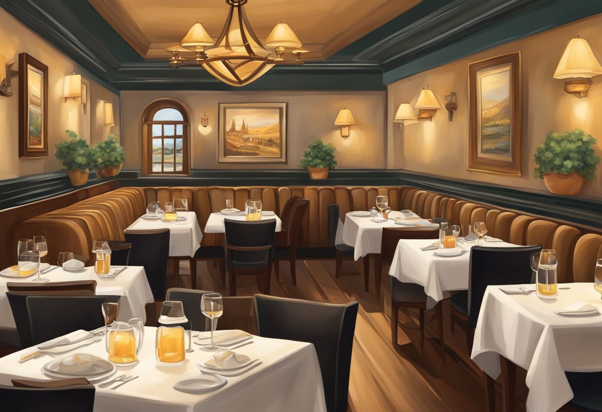 A cozy restaurant with warm lighting, elegant table settings, and bustling waitstaff. The walls are adorned with tasteful artwork, creating a sophisticated yet inviting atmosphere