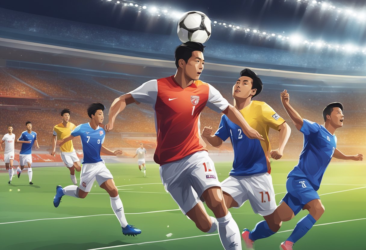 Soccer players in action, fans cheering, stadium lights shining, and a Singapore league logo prominent