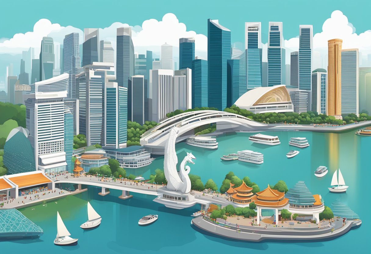 The bustling streets of Singapore, with iconic landmarks like Marina Bay Sands and the Merlion, surrounded by a mix of modern skyscrapers and traditional shophouses