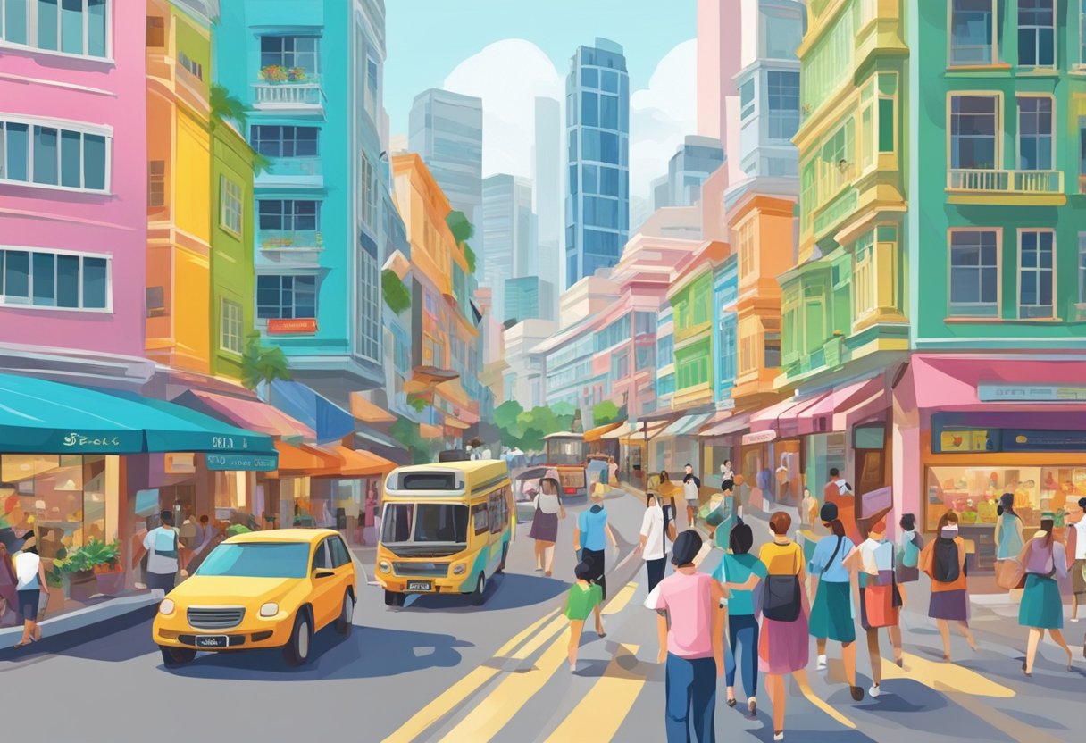 A bustling city street in Singapore, with colorful storefronts and vibrant signs, people walking and cars passing by