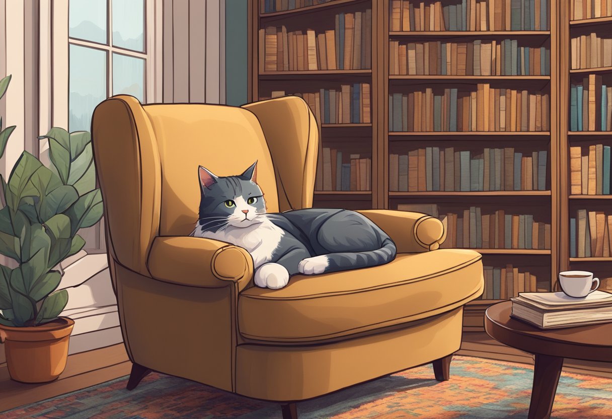 A cozy living room with a bookshelf, a crackling fireplace, and a cup of tea on a side table. A cat lounges on a plush rug, and a soft blanket is draped over the back of a comfortable armchair