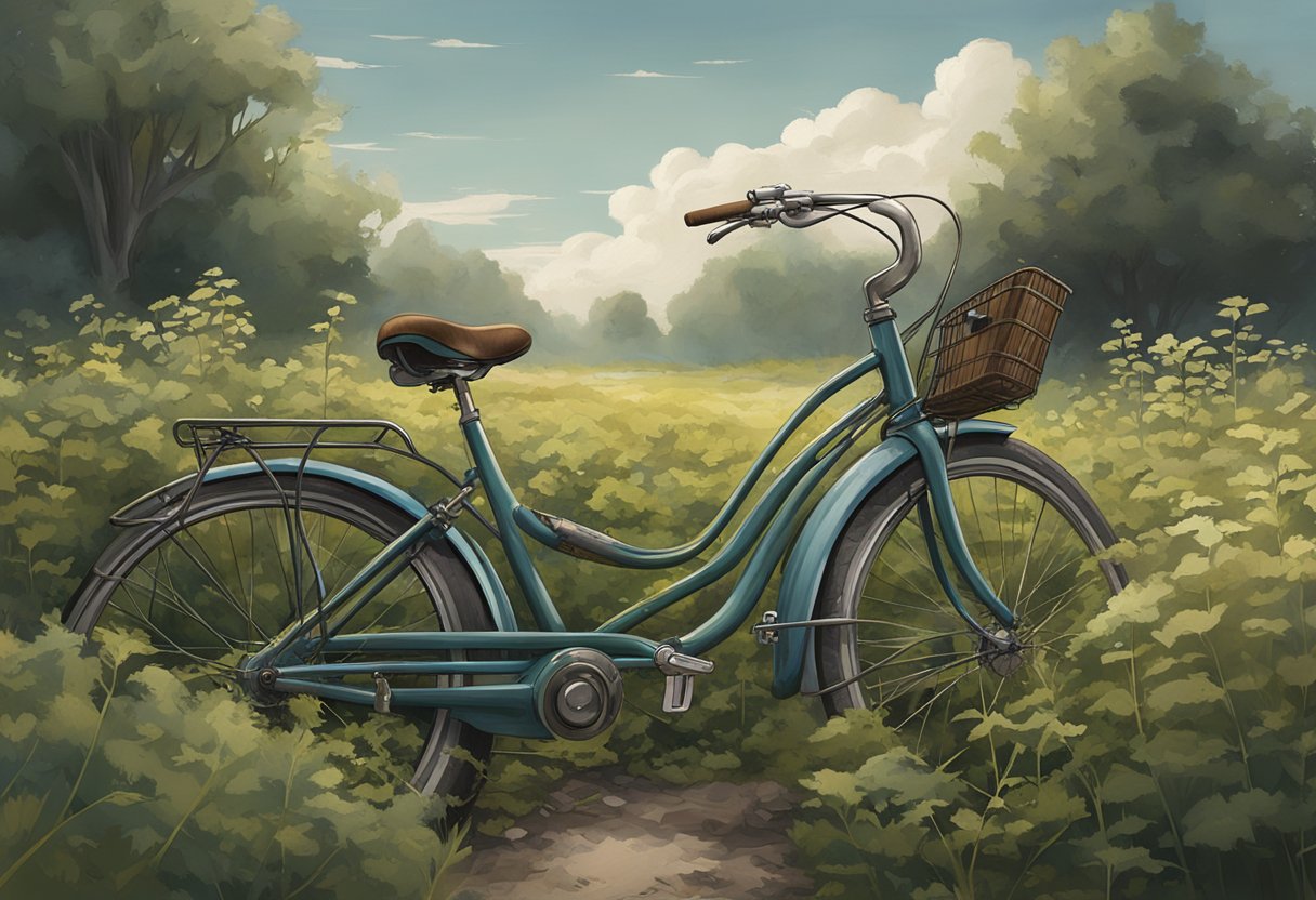 Ava Wood's abandoned bicycle lies on a deserted path, surrounded by overgrown weeds and a somber, cloudy sky overhead