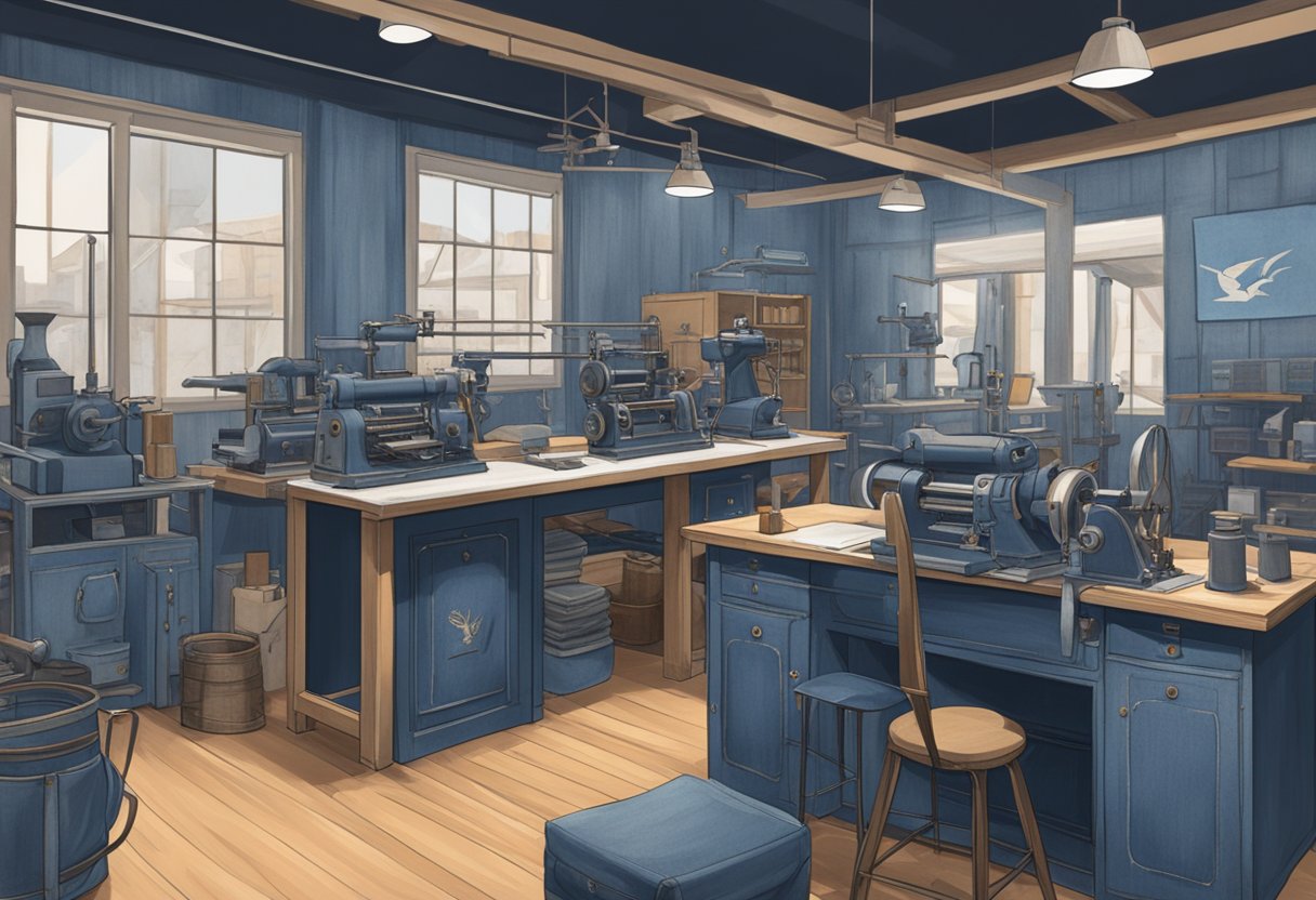 A vintage denim workshop with old machinery, faded indigo fabrics, and Evisu's iconic seagull logo displayed on the walls