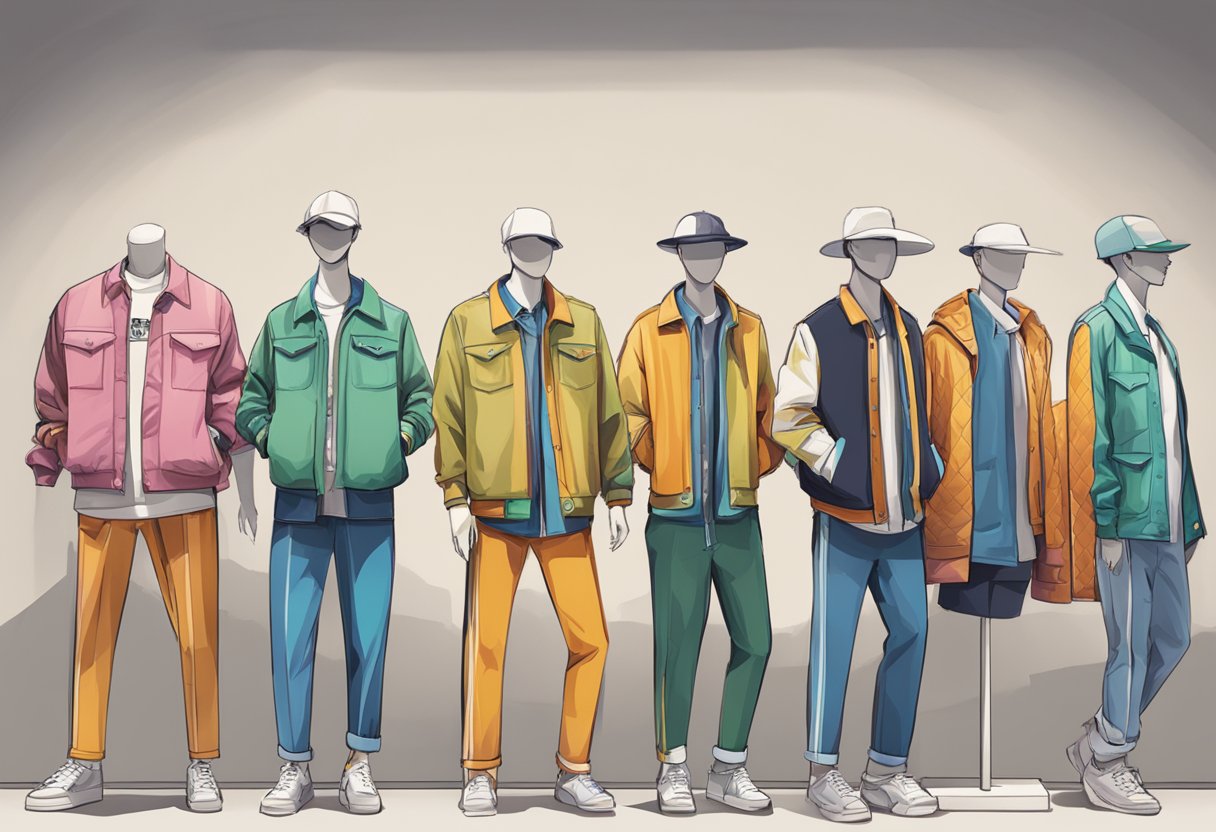 A row of Evisu fashion outfits lined up on display