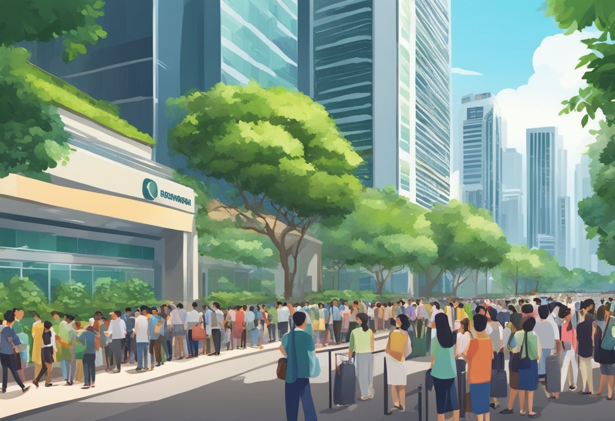 A bustling Singapore street with people lining up at the immigration office for PR renewal. Skyscrapers and lush greenery in the background