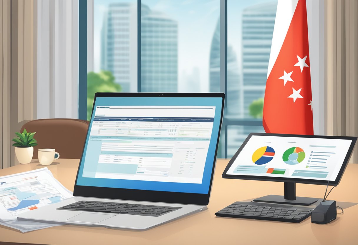 A table with official documents, a computer screen showing PR renewal application, and a Singapore flag in the background