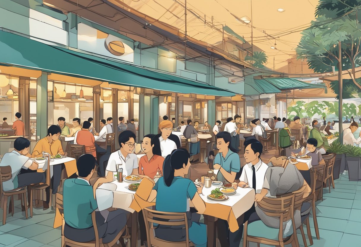 A bustling restaurant scene in Singapore, with diners enjoying their meals and waitstaff bustling about. The menu prominently displays "Frequently Asked Questions" about the cuisine