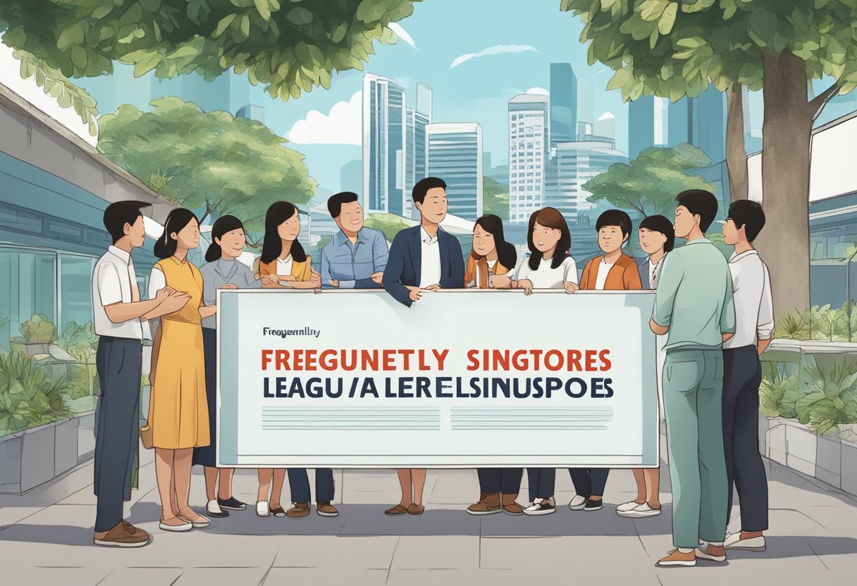 A group of people gather around a large sign that reads "Frequently Asked Questions Singapore League," pointing and discussing