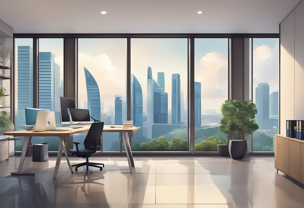 A modern office in Singapore, with sleek furniture and large windows overlooking the city skyline. A family crest hangs on the wall, symbolizing wealth and heritage