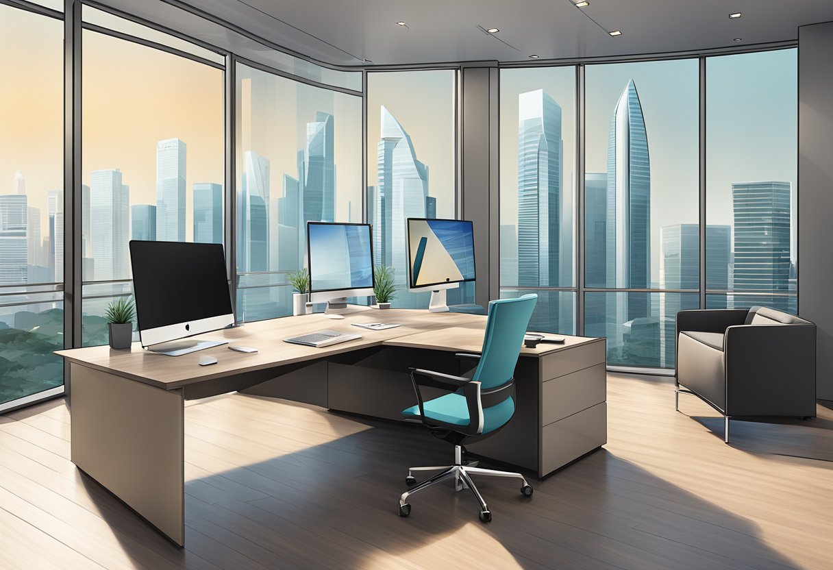 A modern office with sleek furniture and Singapore skyline backdrop