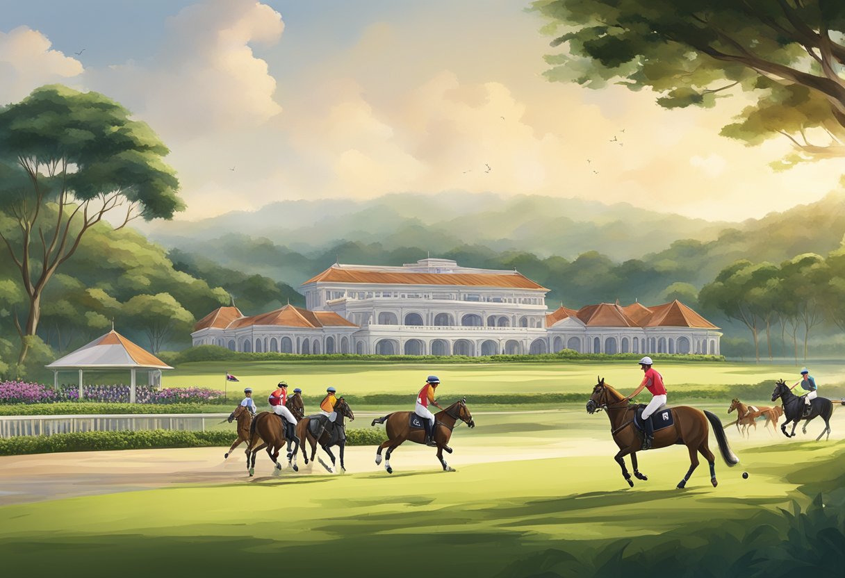 The Singapore Polo Club is set against a backdrop of lush green fields, with elegant horses grazing in the distance and a grand clubhouse standing proudly in the foreground
