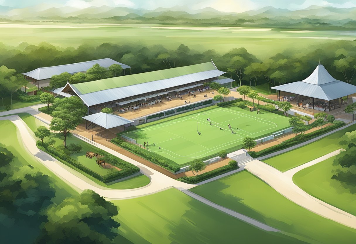 The Singapore Polo Club features a spacious clubhouse, outdoor riding arena, and lush green fields for polo matches and equestrian activities