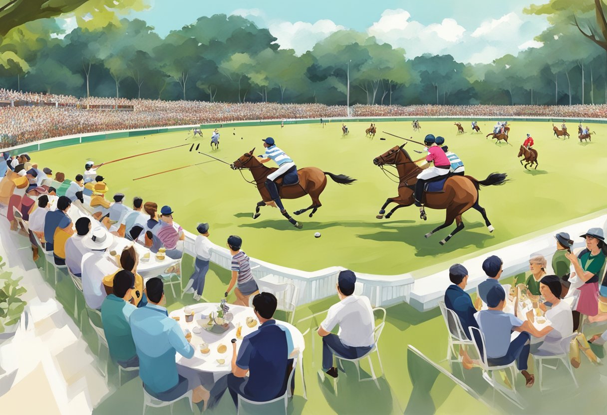 A lively polo match at the Singapore Polo Club with spectators enjoying social events
