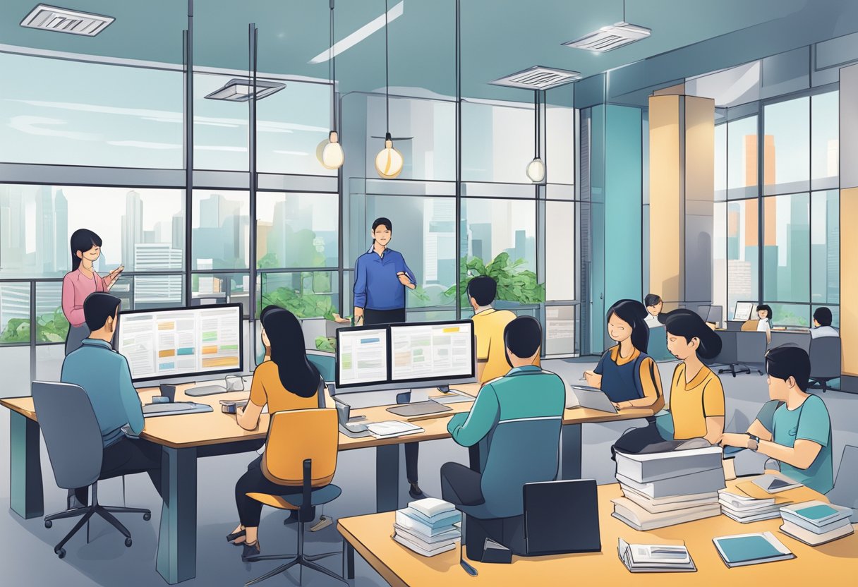 A family office in Singapore with people discussing and reading FAQs