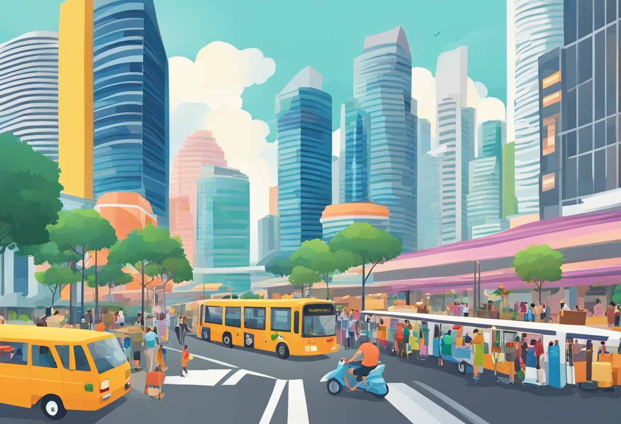 A bustling city street in Singapore, with colorful buildings, bustling traffic, and iconic landmarks like the Marina Bay Sands