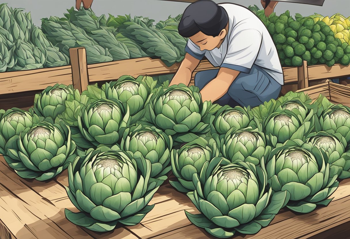 An artichoke is being carefully selected at a market in Singapore. Its green leaves are tightly packed, and the vegetable is displayed on a wooden crate