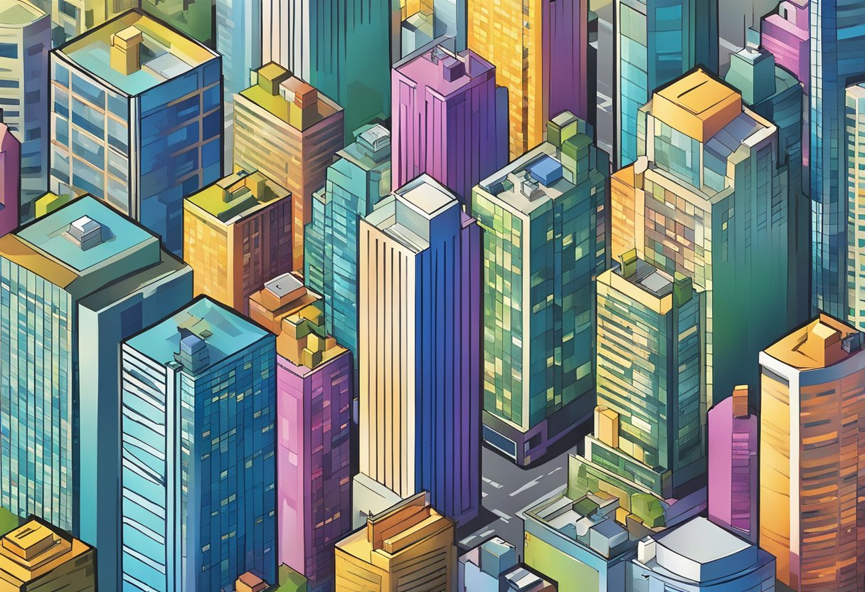 A vibrant cityscape with modern skyscrapers and bustling streets, featuring "Business for Sale" signs in prominent locations