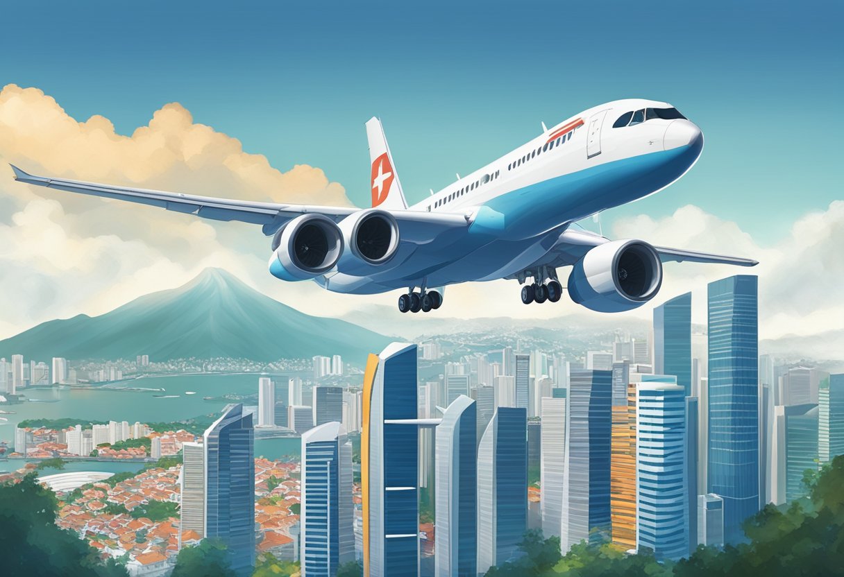 A jet flies over Singapore's urban skyline, transitioning to the snow-capped mountains of Switzerland