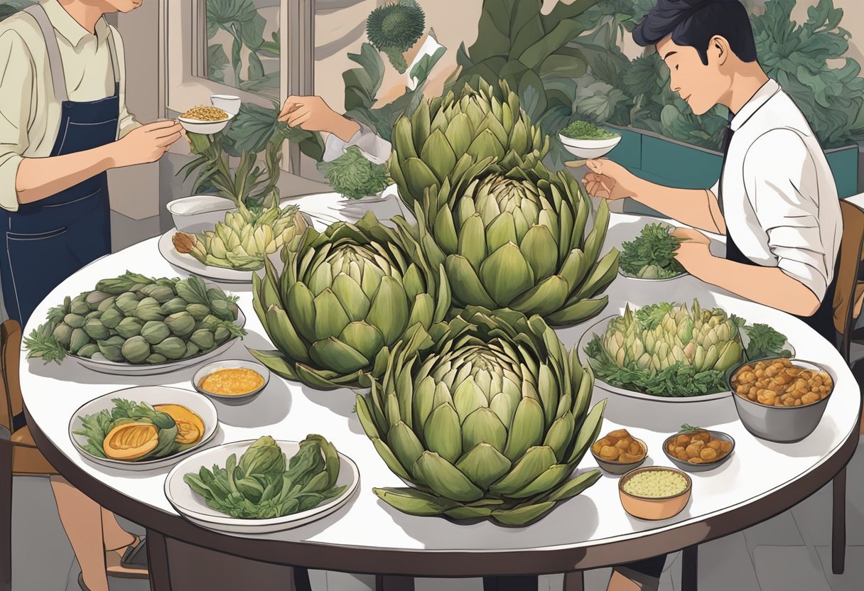 A table adorned with artichokes in various culinary forms, surrounded by diners enjoying the unique dishes at Artichoke's in Singapore