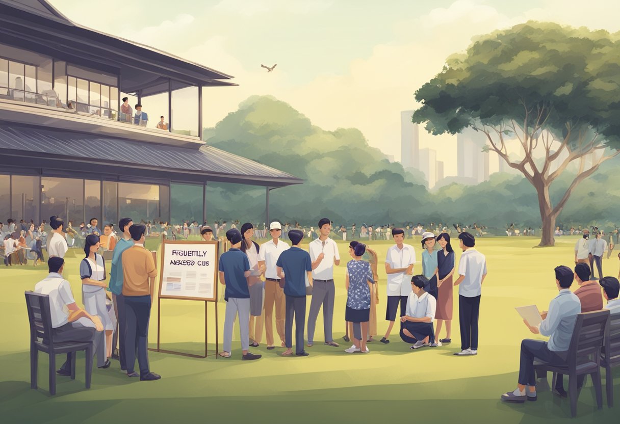 A group of people gather around a sign that reads "Frequently Asked Questions Singapore Polo Club" with a serene polo field in the background