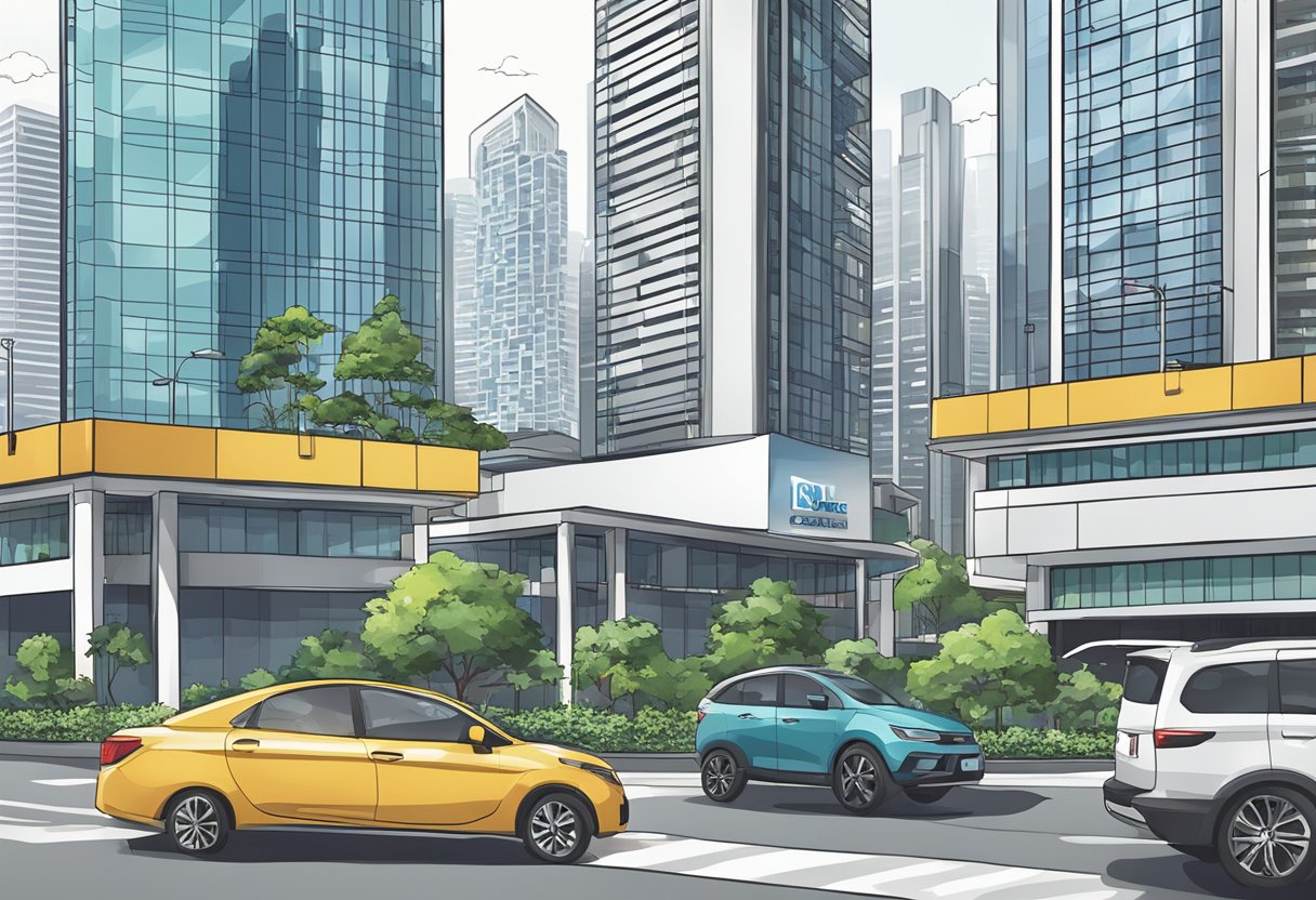 A bustling cityscape with skyscrapers and a "For Sale" sign in front of a modern office building in Singapore