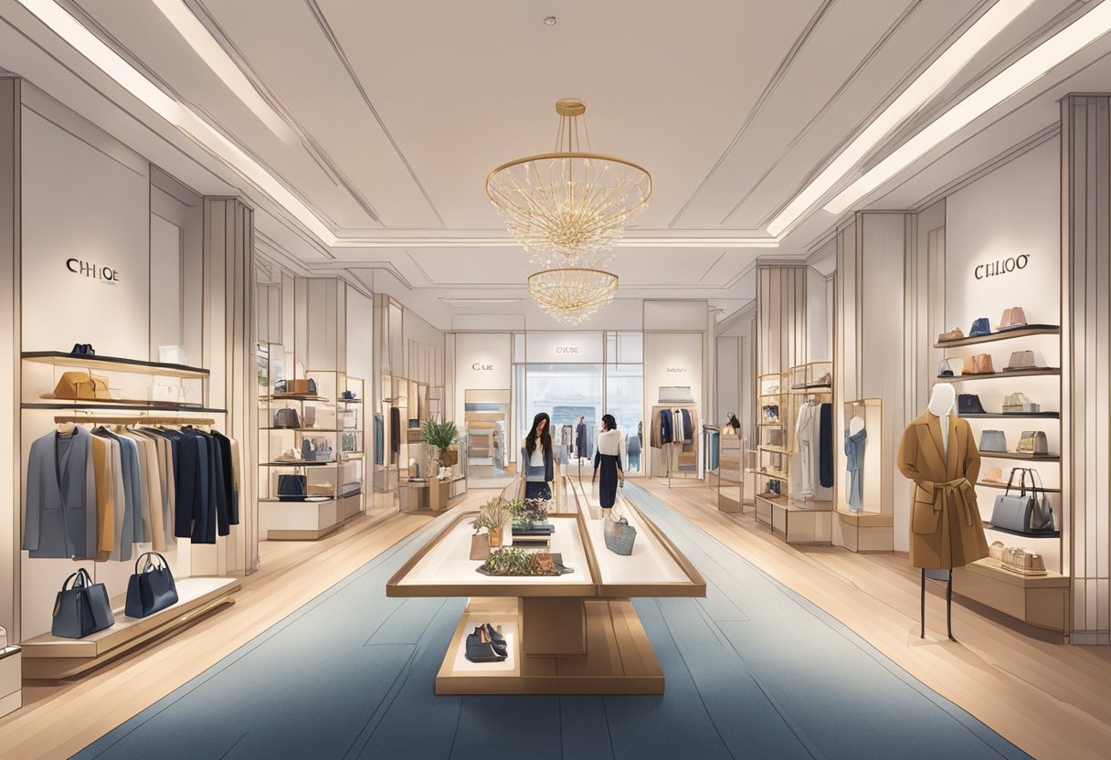 Shoppers browse luxury goods at Chloe Singapore, surrounded by elegant displays and modern decor