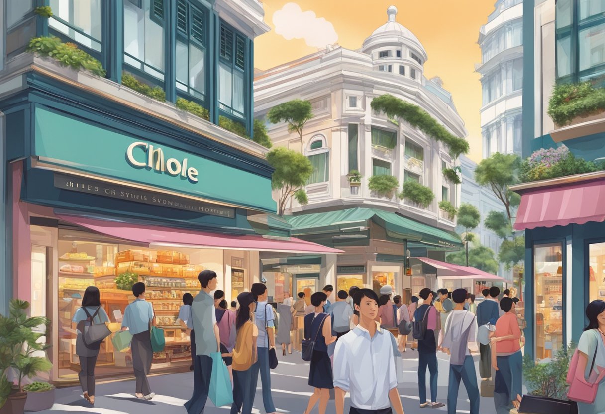 A bustling Singapore street with a prominent "Chloe" store front, surrounded by curious shoppers and a vibrant cityscape backdrop