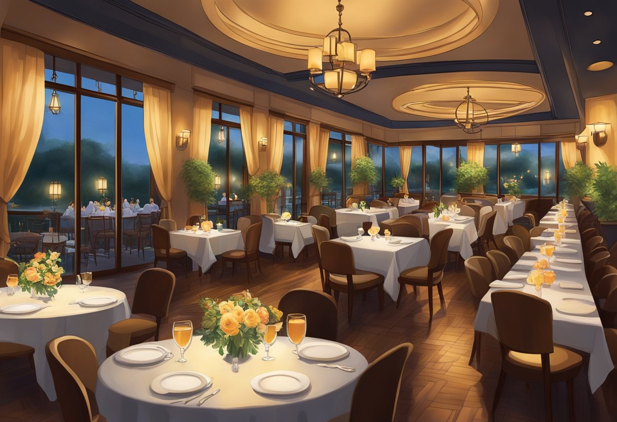 The cozy restaurant glows with warm lighting, showcasing the elegant decor and inviting ambiance. Tables are set with pristine linens, and attentive staff move gracefully through the space, attending to the needs of the guests