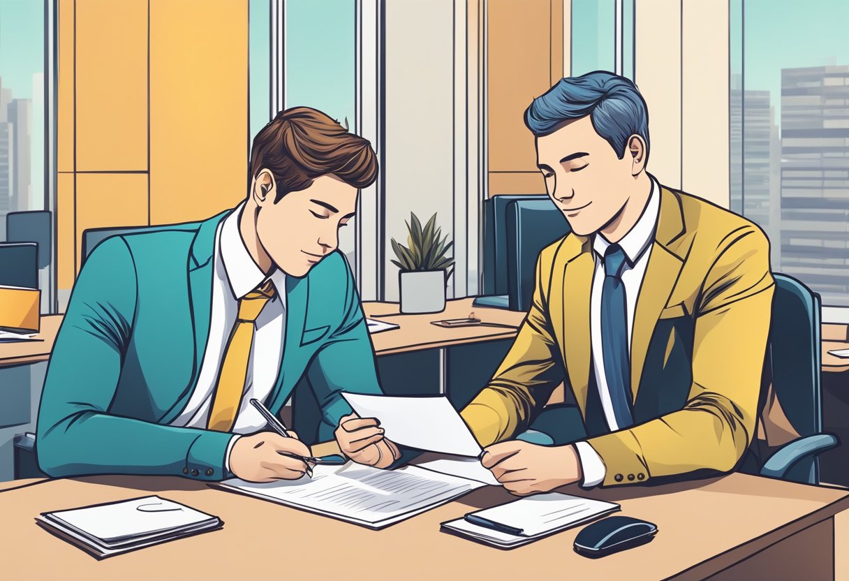 A business owner signs a contract with a buyer, exchanging keys and documents in a modern office setting