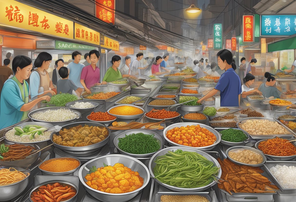 A bustling zi char stall in Singapore, with sizzling woks, aromatic spices, and a colorful array of fresh ingredients on display
