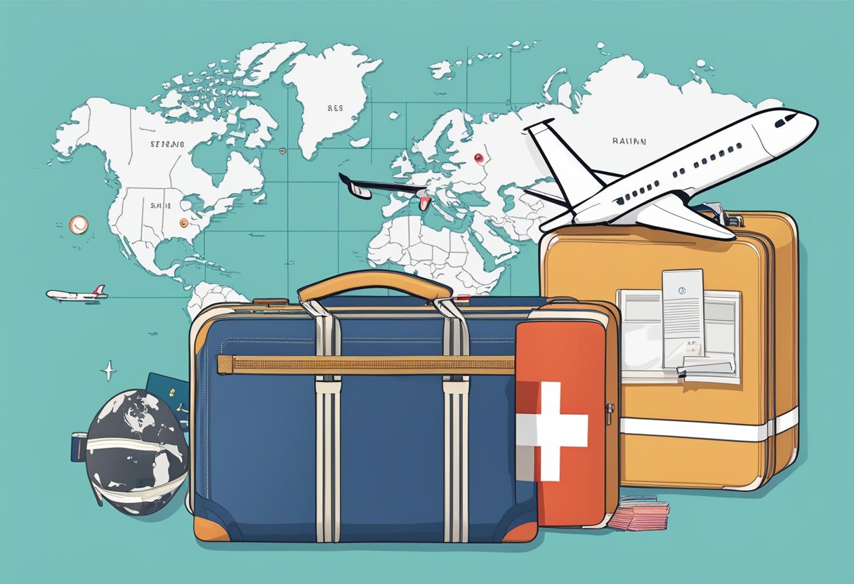 A map of Singapore and Switzerland with a dotted line connecting the two countries, surrounded by travel essentials like a passport, suitcase, and plane tickets