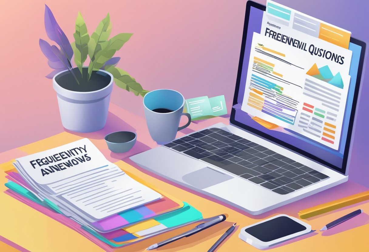 A colorful banner with "Frequently Asked Questions Singapore PR Renewal" displayed on a computer screen, surrounded by a stack of documents and a pen