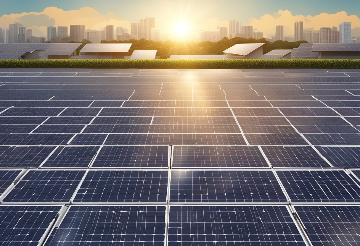 The sun shines down on a rooftop with rows of solar panels in Singapore. The panels are angled towards the sky, capturing the sunlight to produce clean energy