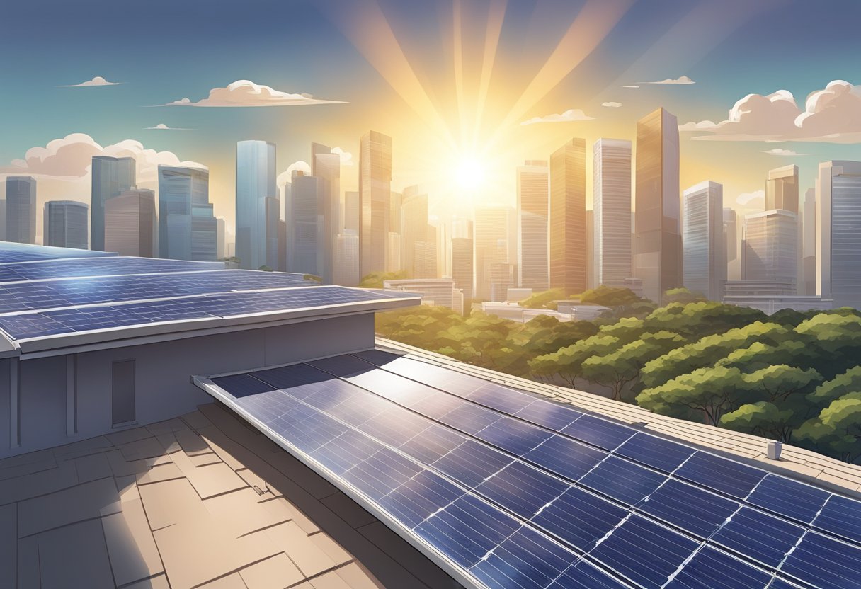 The sun shines down on a rooftop in Singapore, where solar panels are absorbing its energy to power nearby buildings