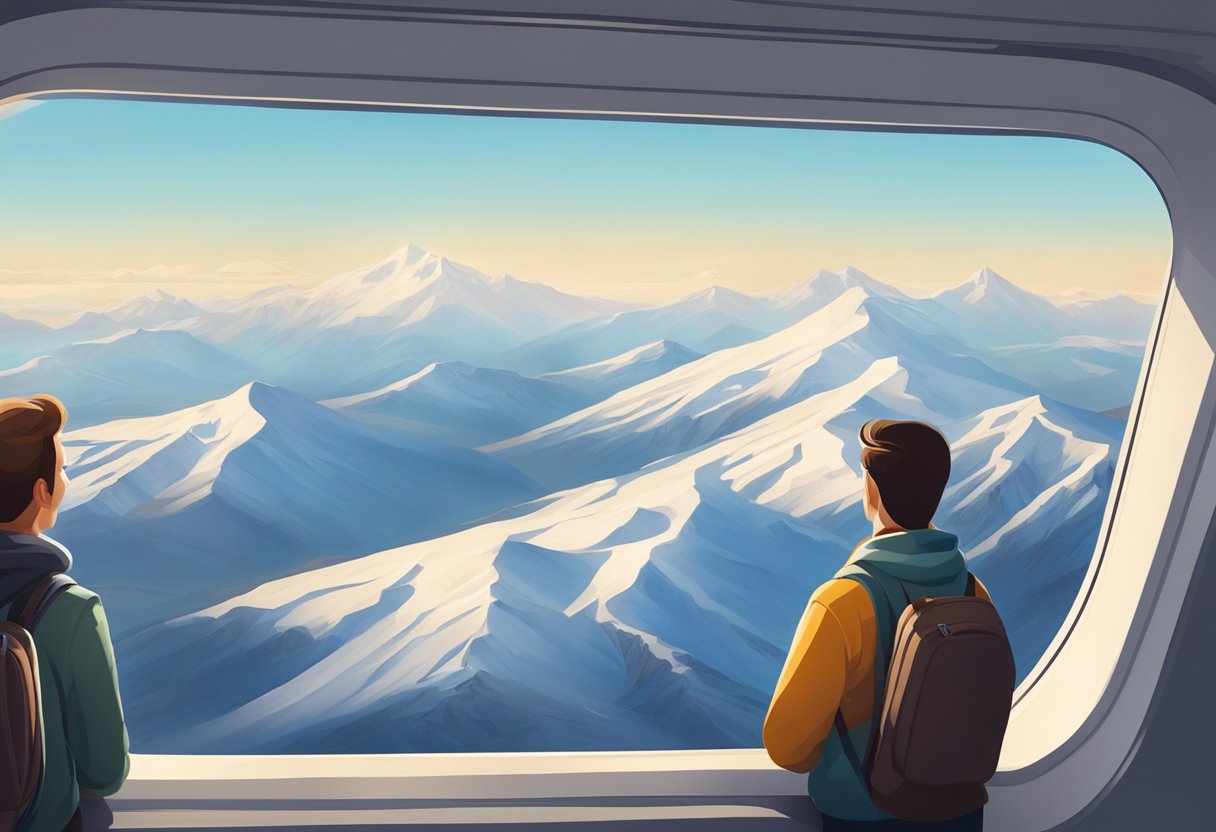 Passengers gazing out window at snow-capped mountains. Plane's wing visible, with clear blue sky in background