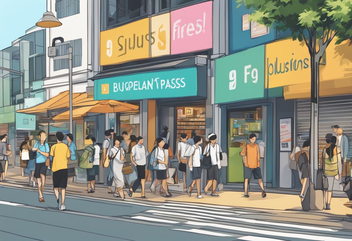 A bustling Singapore street with a prominent "Frequently Asked Questions" sign above a business for sale. Pedestrians pass by, some pausing to read the sign