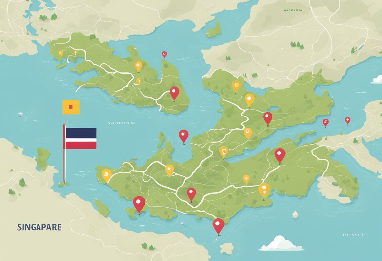 A map of Singapore and Switzerland with a question mark hovering between them
