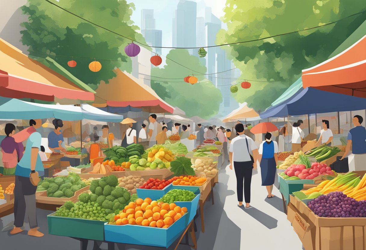 A bustling street market in Singapore, with colorful fruits and vegetables on display, the scent of exotic spices in the air, and the sound of vendors calling out to passersby