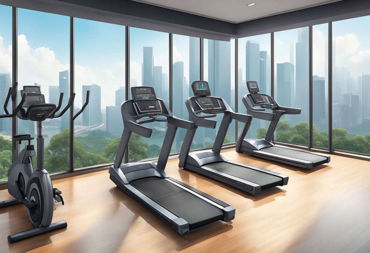 A spacious gym in Singapore with modern equipment and large windows overlooking the city skyline