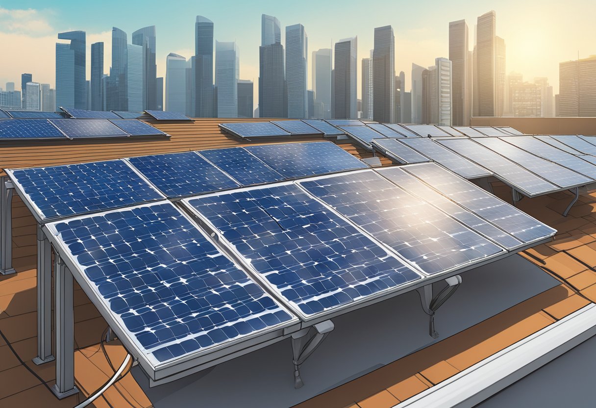 A group of solar panels installed on a rooftop in Singapore, with the city skyline in the background