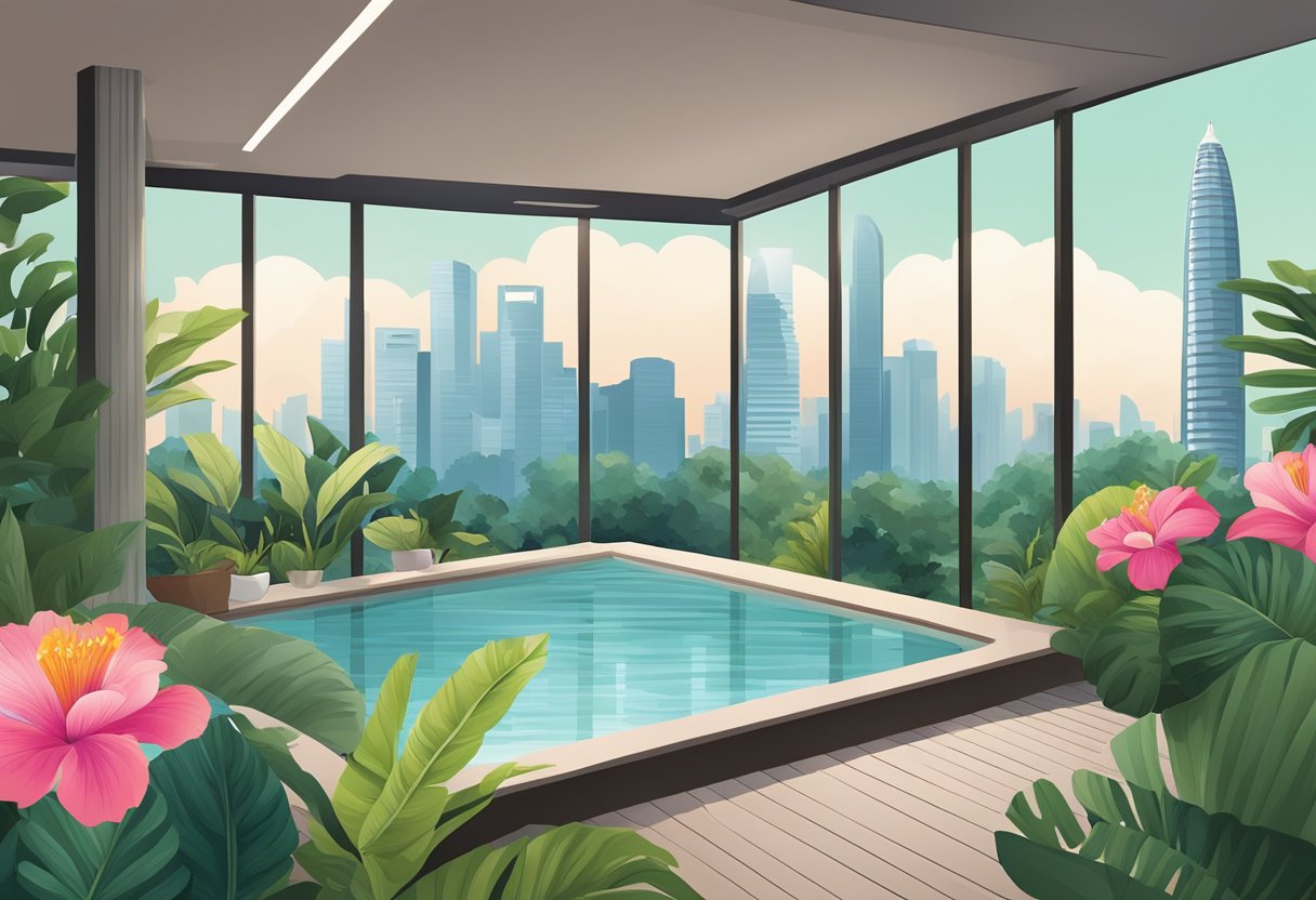 Lush tropical flowers and vibrant greenery surround a serene, minimalist spa setting with a backdrop of the iconic Singapore skyline