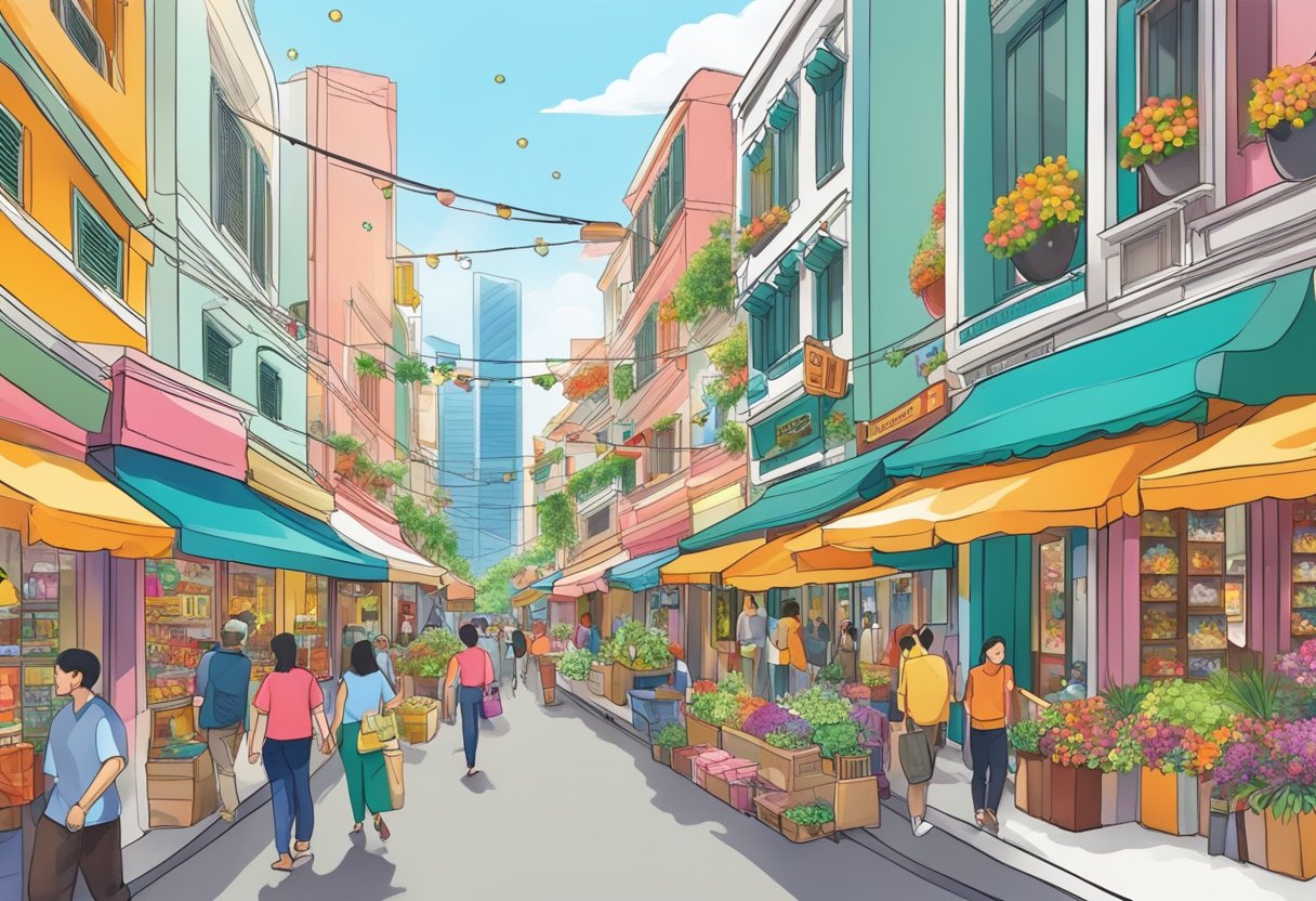 A bustling street in Singapore, lined with colorful shops and vibrant signs, showcasing an array of dazzling jewels and gemstones