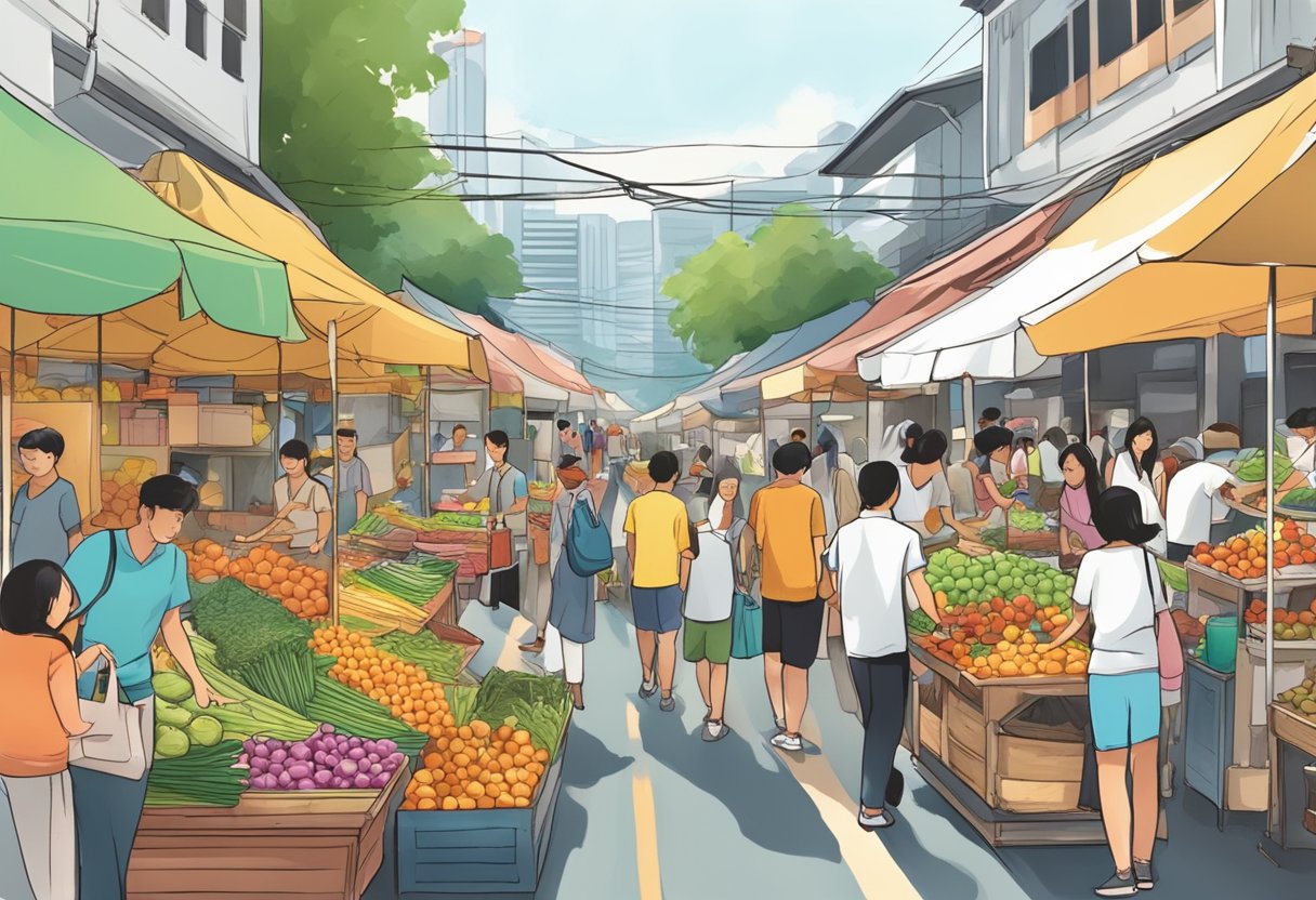 A bustling street market in Singapore, with colorful stalls selling fresh local products and offering unique cultural experiences