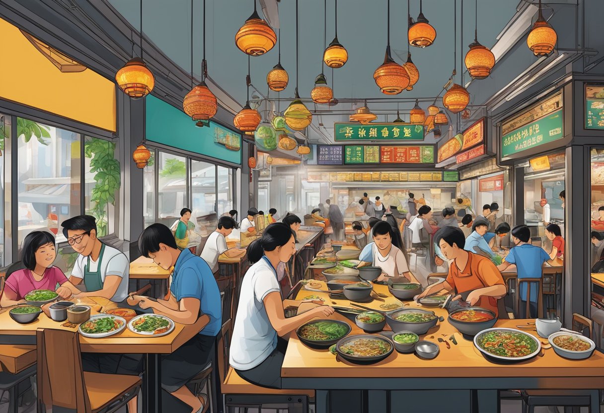 A bustling zi char restaurant in Singapore, with sizzling woks, fragrant spices, and colorful dishes on every table